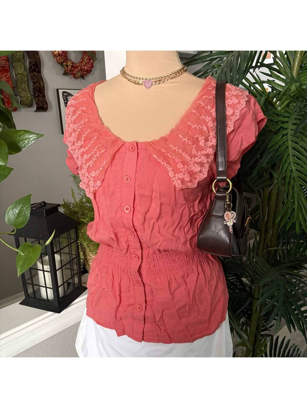coral coquette lace top